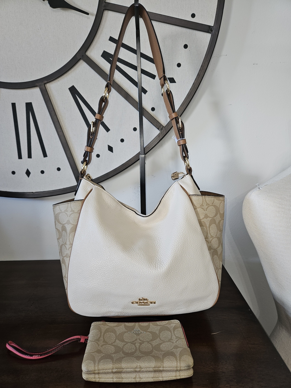 Coach Pebbled Leather and Signature Canvas Hobo Bag in Chalk/Tan With Wristlet